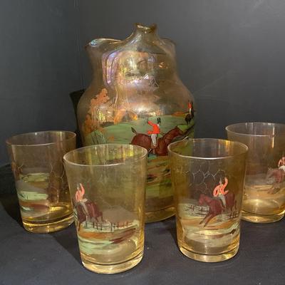 Vintage Hand Painted Water Jug And Glass Tumblers With Huntsman Design 