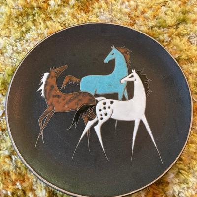 MCM Ceramic Decorative Equestrian Plate With Pewter Tin Horse Figurine
