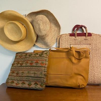 Two Vintage Straw Hats, Straw Bag, Bueno Bag (new) And Other Bags