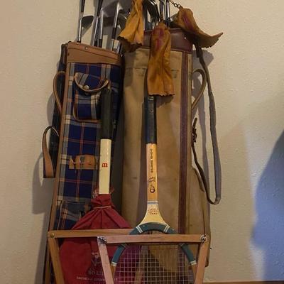 Vintage Golf Clubs In Bags & Tennis Rackets