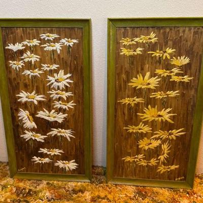 Two Paintings Of Daisies On Wood Signed Cooper