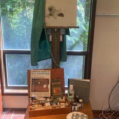 Wolsey Co. Easel, Oil Paints, Pantograph & Wooden Wheeled Table