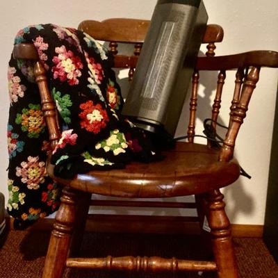 Vintage Handmade Granny Square Afghan, Wood Chair & Breezome Heater