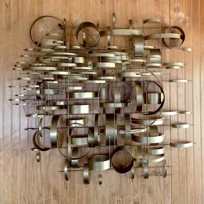 Mid century metal wall sculpture, complex and balanced, nicely done. Artist unknown.