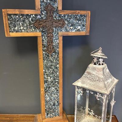 Vintage Style Lantern Candle Holder and Cross 