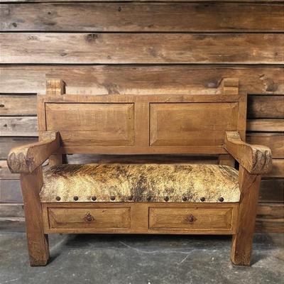Spanish Storage Bench with Cowhide Seat