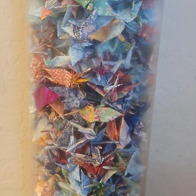 Glass Vase Full Of Hundreds Of Origami Cranes