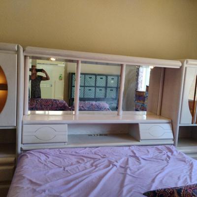 Vintage King Size Headboard With Lighted Side Hutches - Mattress Not Included 