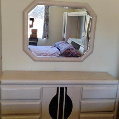 Vintage Six Drawer Dresser w/ Wood Framed Bevelled Mirror 