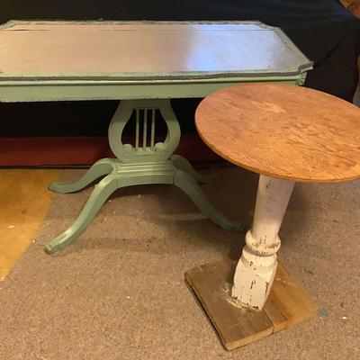 Green Lyre Pedestal Table & Rustic Round-Top Side Table