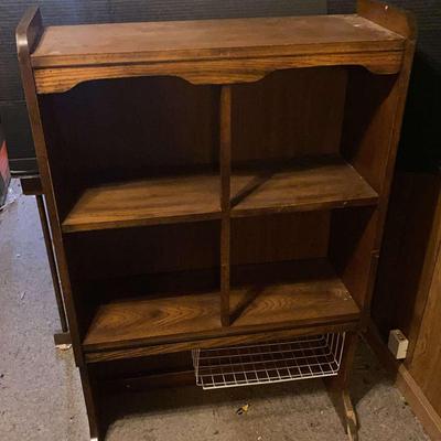 Wooden Bookshelf with Wire Basket Drawer