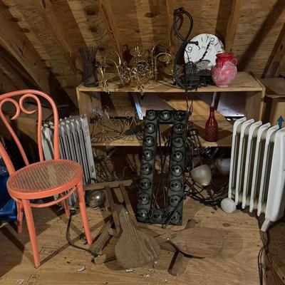 Attic Assortment with Chandeliers, Radiator Heaters, Clock & Decor