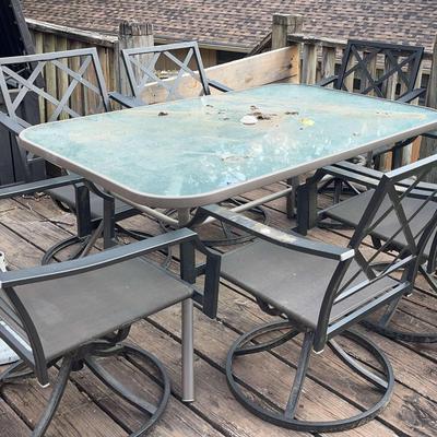 Metal Patio Table with Six Chairs and Umbrella Stand