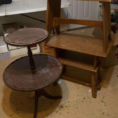 Pair Of Vintage Wood Accent Tables & Tiered Stand