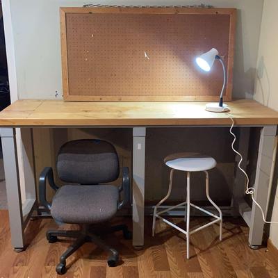 Workbench With Pegboard, Comforto Rolling Chair, Stool & Lamp
