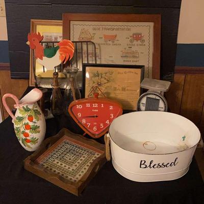Vintage Decore Featuring Wooden Spools, Large Cross-stitch & Post Office Scales