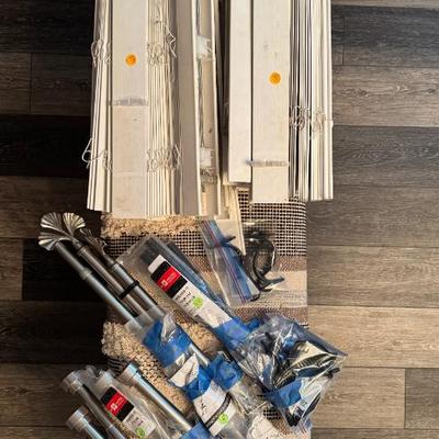 Faux wood blinds complete 23.5"W with spare parts, nickel and black drape rods, decorative ginkgo leaf or leaf finials, corner drape...