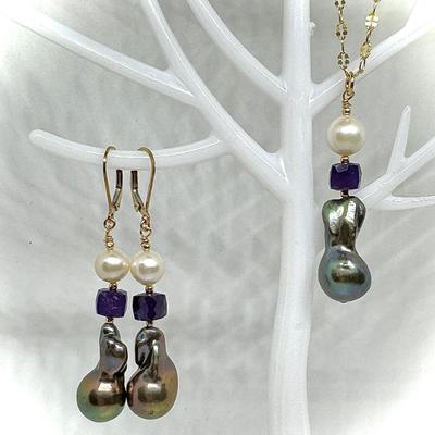 Sale Photo Thumbnail #8: Tahitian black pearls, freshwater pearls, and amethyst, $675