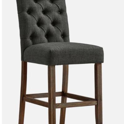 Sale Photo Thumbnail #20: Tufted upholstered scroll back bar height chair dark gray with walnut legs (4); $100 each