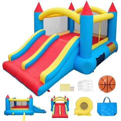 Bounce house with slide, ball pit, blower, and target practice