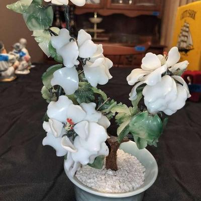 Jade Tree Carved Leaves & White Glass Flowers Celadon Pot Vintage Chinese Collectible Figure