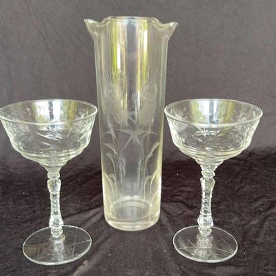 2 Crystal ARCTIC ROSE Tall Sherbet/Champagne Glasses, + Crystal Vase