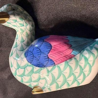 Herend Collectable Handpainted Green Fishnet Duck Figurine