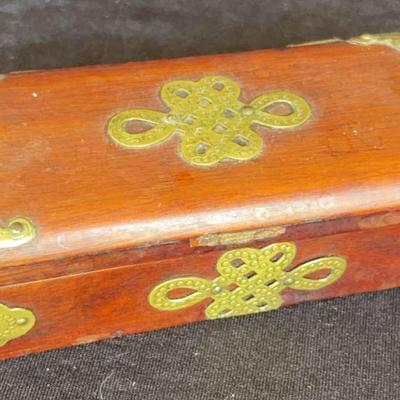Wooden Jewelry Trinket Box Ornate Brass Overlay, China