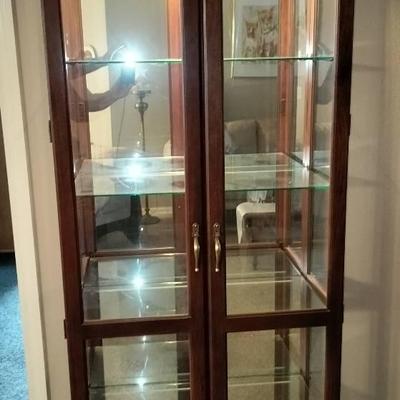 Wooden 5 Tiered Glass Shelf Mirror Backed Curio Display Cabinet