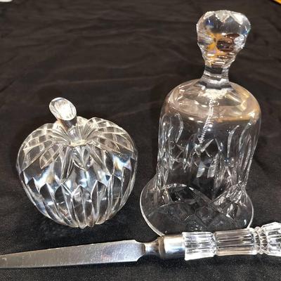 Waterford Cut Crystal Dinner Bell, Apple Figure, & Crystal Knife Collectible Figures