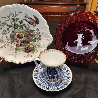 Vintage Decorative Plates, Dishes, & Russian Cup By Westmoreland, Royal Daulton, & Royal Copenhagen