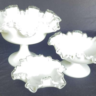 Set Of 3 Vintage Fenton Milk Glass Pedestal Bowls Compote Silvercrested