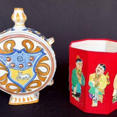 Hand Painted Italian Ceramic Bottle/Flask & Chinese Silk 8 Panel Box