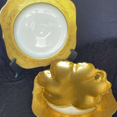 Lenox Westchester Gold Encrusted Set, 2-8” Plates, 1-8” Stouffer Gold Encrusted Candy Dish