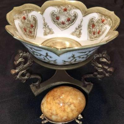 Andrea By Sadek Celadon Lotus Bowl #8158 With Metallic Stand + Vintage Carved Stone Egg