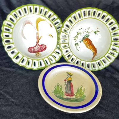 1 France Quimper Henriot 4.5" plate + 2- 4.5" Hand Painted Chinese Decor Openwork Edge Bowls