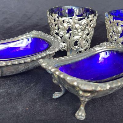 2 Sets Of Antique Footed Silver Metal Open Salt & Pepper Dishes, Cobalt Blue Glass 