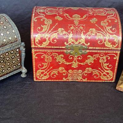 Felt Inlaid Wooden Italian XVI Century Certosion Box + 2 Delicate Vintage Trinket Boxes