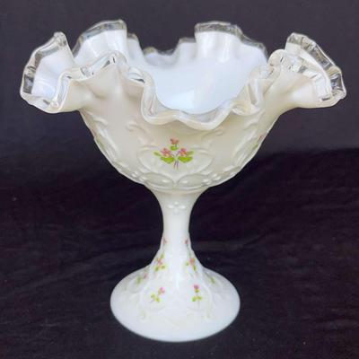 Art Glass, Milk Glass Ruffled Fenton Compote Roses Signed V. Gherki 6.5”x6.75