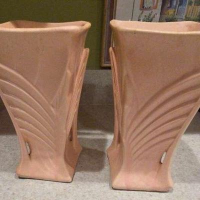 2 Piece Vtg McCoy Mid Century Modern Pink 9.5x5” Vase Art Deco