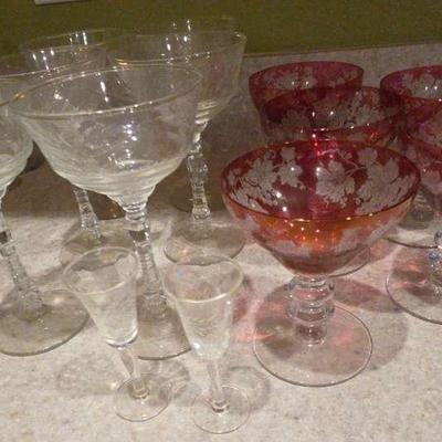 6 Piece Libbey Arctic Rose Sherbet Goblet W/5 Piece Vintage Grape Goblets & 2 Liquor Goblets 