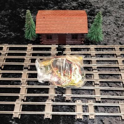 Model Train Locomotive Track 9 Piece Set + Toy Wooden Cabin, Decorative Trees, And Train Car Wires