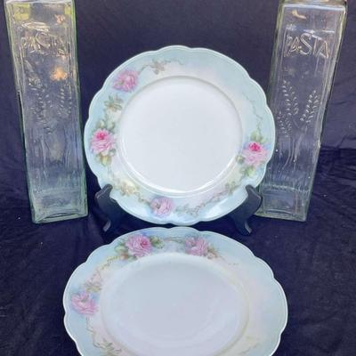 2 Vintage Homer Laughlin Rose  9” Plates, 2 Pasta HERMETIC Glass Bottle W/Cork 12" 