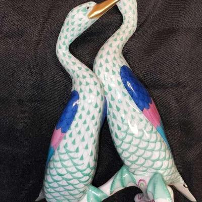 First Edition Herend Cormorants - Fishnet Green Hand Painted Porcelain Figure