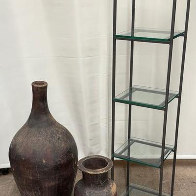 Modern Glass Display Shelf + Pair of Rustic Decorative Clay Vases