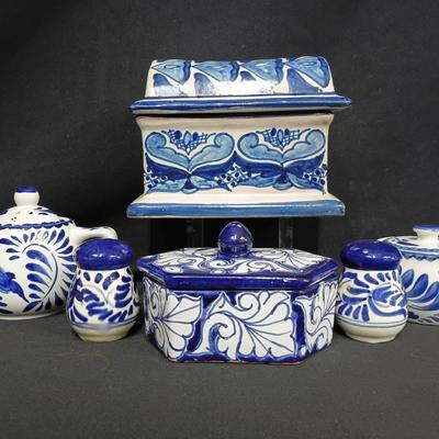 6 Handcrafted Blue & White Talavera-Style Pottery Pieces