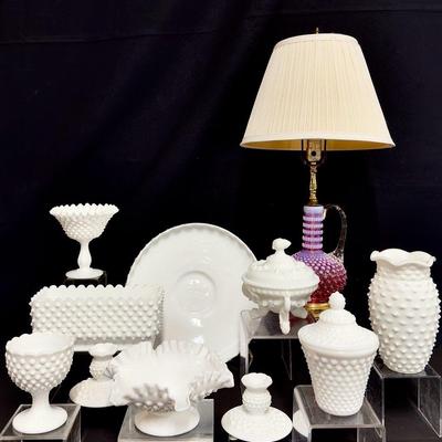 Hobnail Milk Glass Collection & Vibrant Vintage Opalescent Fenton Lamp! 
