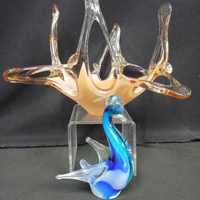 Mid-Century Art Glass Bowl & Blue Murano-Style Swan Figurine