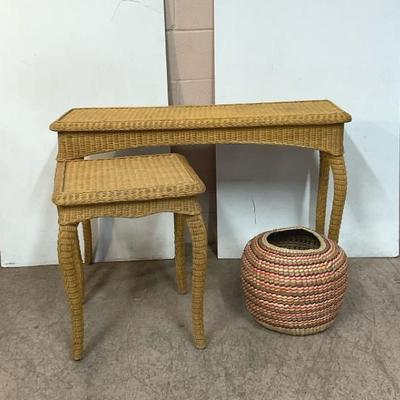Vintage Wicker Console Table, End Table, & Woven Basket 