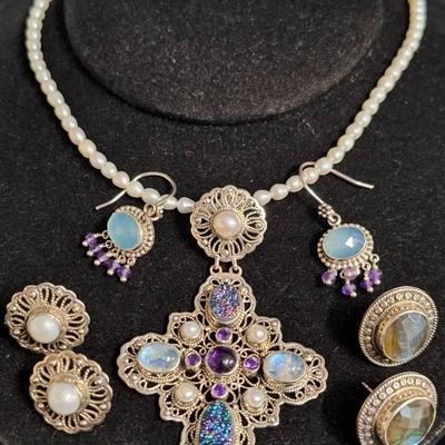Vintage Nicky Butler NB 925 Gemstone Moonstone Maltise Cross Necklace And Earrings